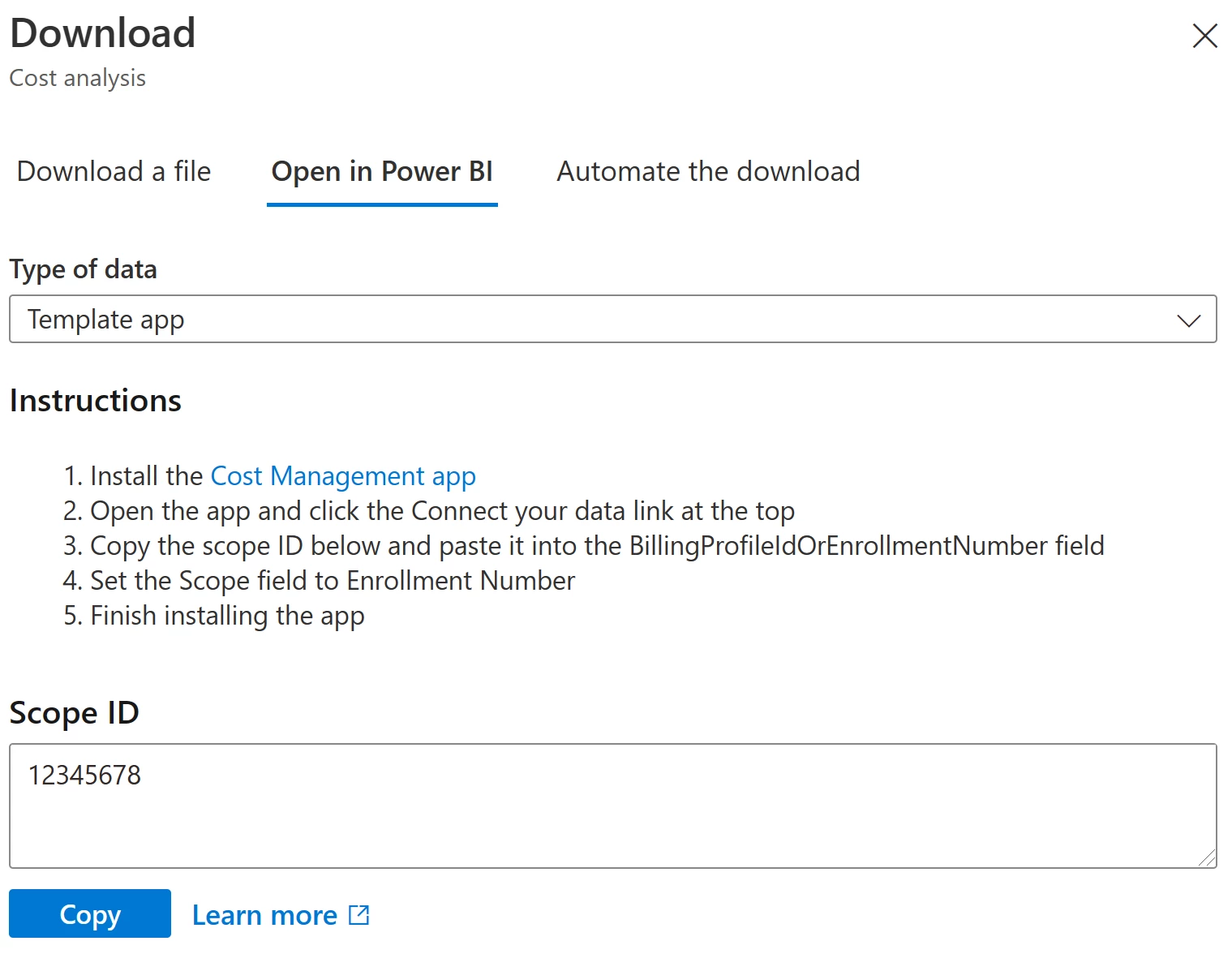 Open in Power BI option available in the Download pane from the cost analysis preview