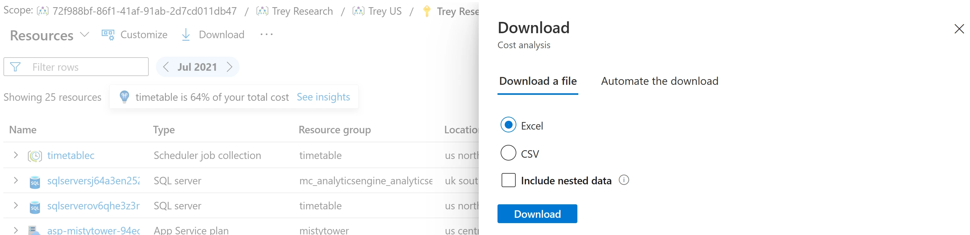 Download a file option available from the cost analysis preview