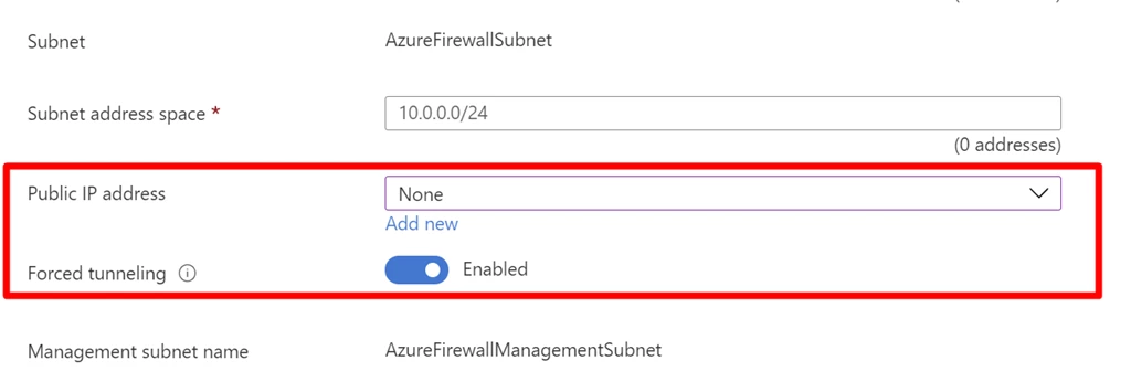 An image of Azure Firewall that now includes new options for public IP address and forced tunneling.