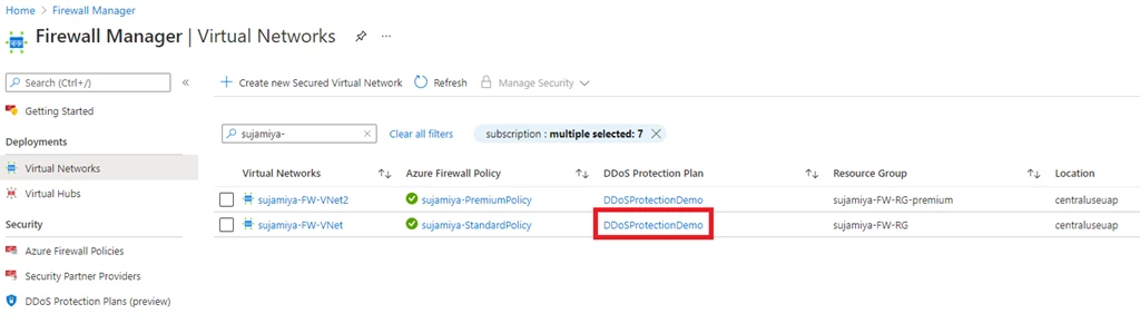 Figure 2: DDoS Protection Plan attached to a hub virtual network in Azure Firewall Manager