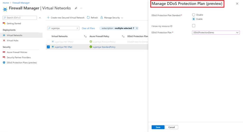 Figure 1: Enabling DDoS Protection Standard on a hub virtual network in Azure Firewall Manager