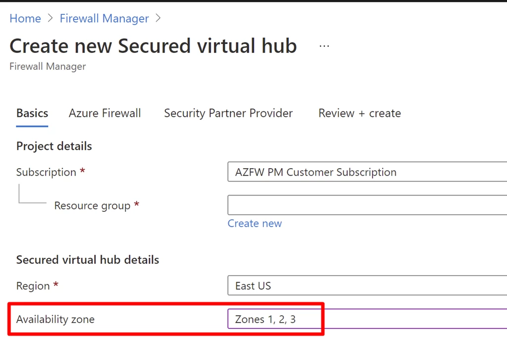 An image of creating a new secured virtual hub with a new option to include Availability Zones.