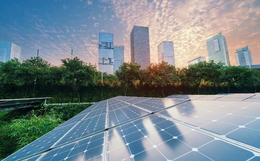 Image of solar panels with high-rise office buildings in the background.