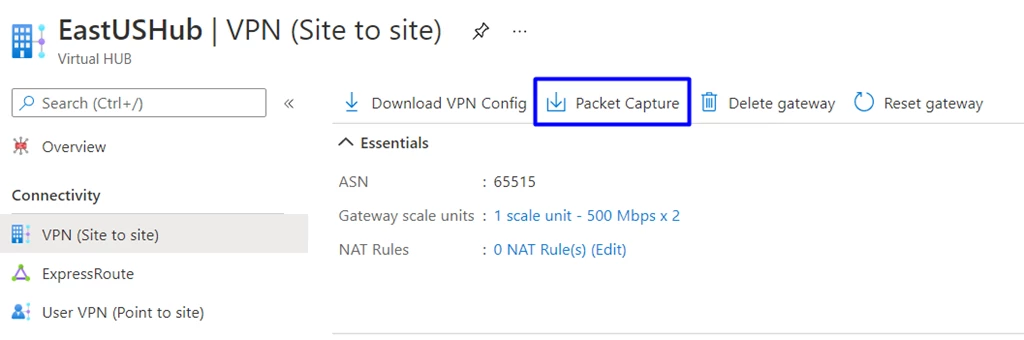 New Packet Capture button is highlighted on the VPN (site to site) blade within a Virtual WAN Hub
