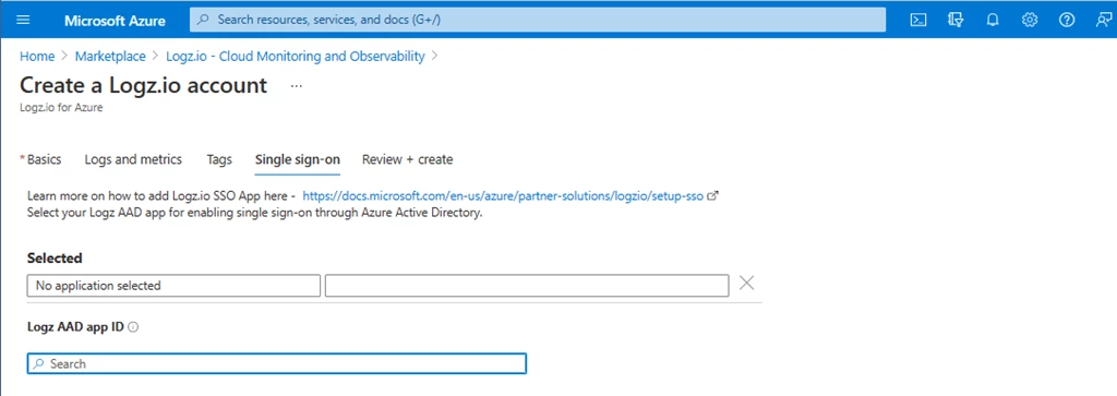 Single Sign-on tab where the user provides Azure Active Directory app name 