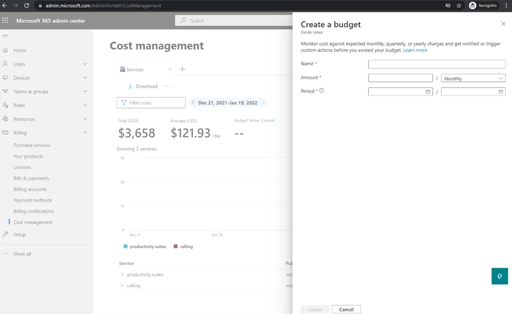 Creating a budget from Cost Management in the Microsoft 365 admin center.