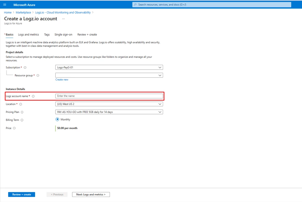 Basics tab where the user provides Subscription, Resource group and logz.io Organization name details. 