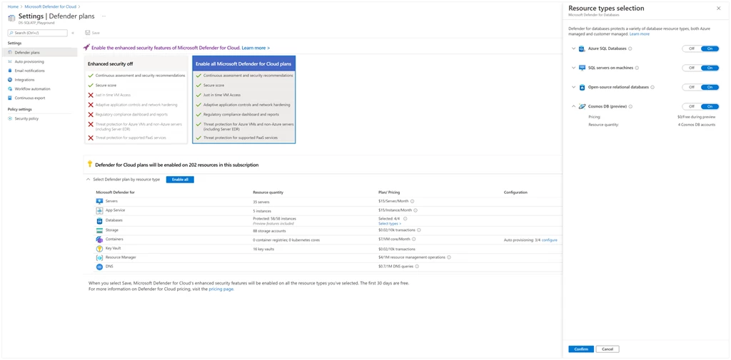 UI of the new plan enablement experience for database protection in Microsoft Defender for Cloud