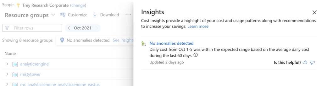Insights panel in the cost analysis preview showing a "No anomalies detected" message for a specific date range.