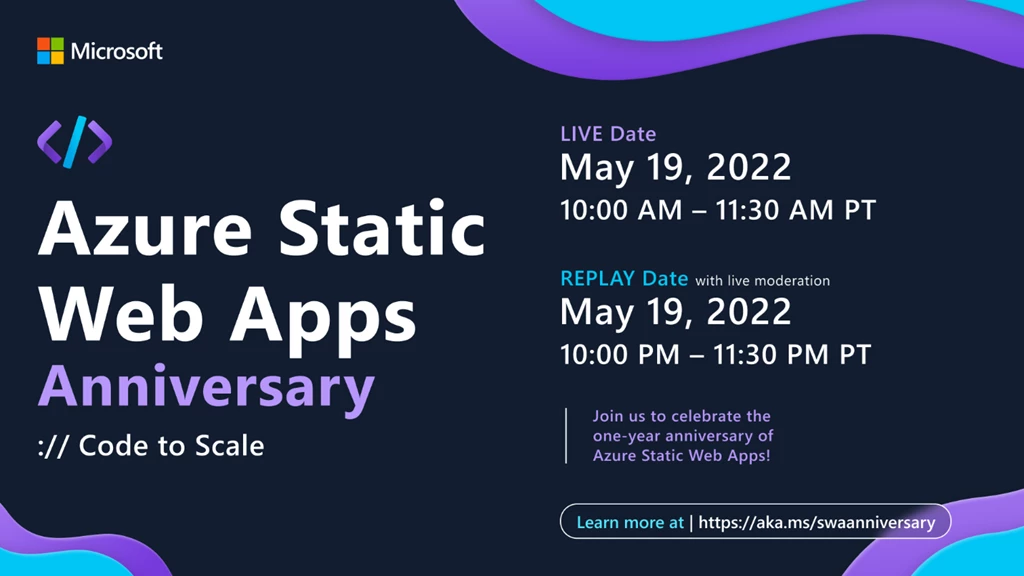Visual invitation to the Azure Static Web Apps anniversary event. Event live date: May 19, 2022, 10-11:30am PT, replay date: May 19 2 0 2 2 10 to 11:30 P M Pacific Time.