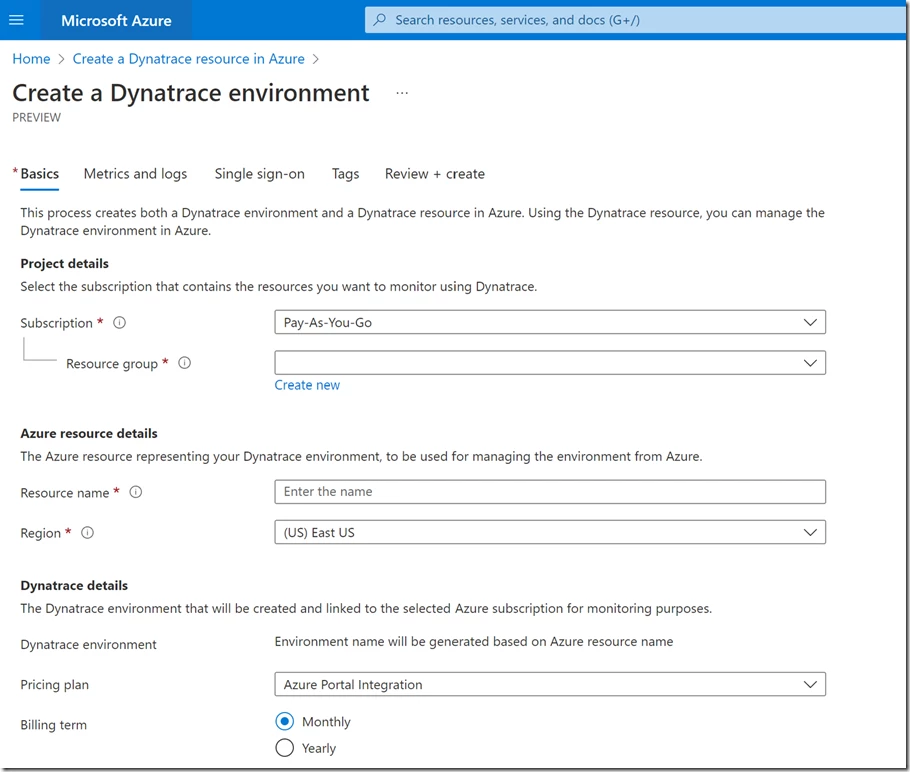 Dynatrace resource creation in Azure Portal.