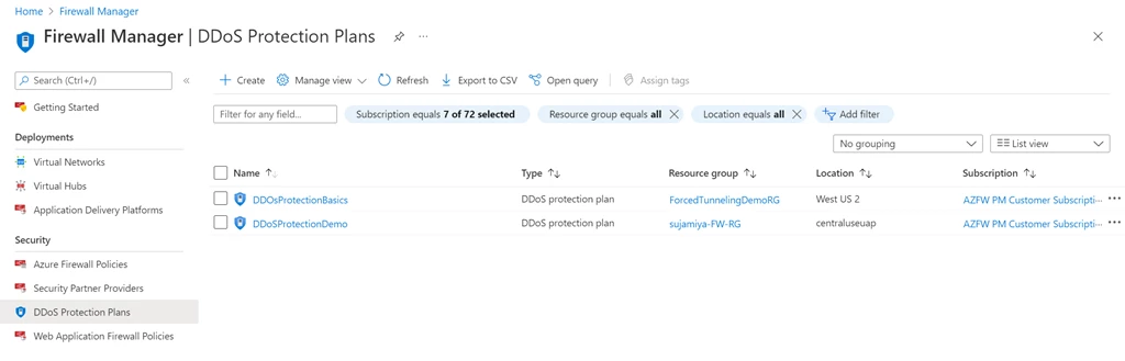 Figure 5: View of DDoS Protection Plans in Azure Firewall Manager