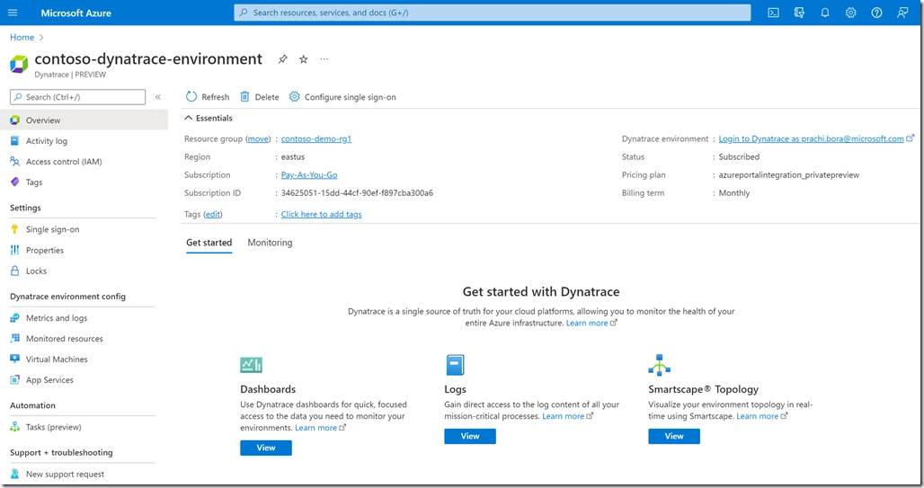 Access the Dynatrace native service for Azure through the ease of a single sign-on.