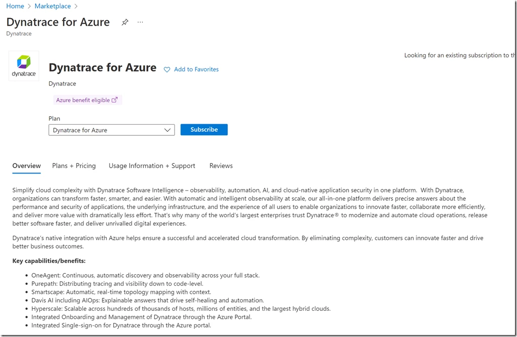 Marketplace listing page for Dynatrace native service for Azure.