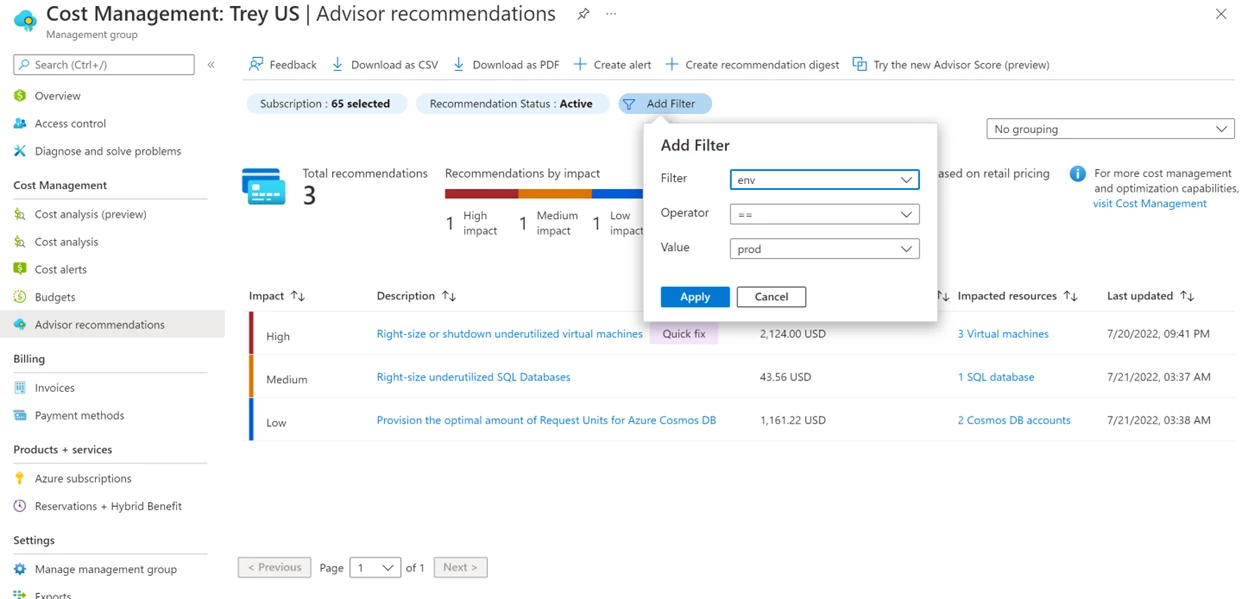 Screenshot of the add filter option in Azure Advisor.