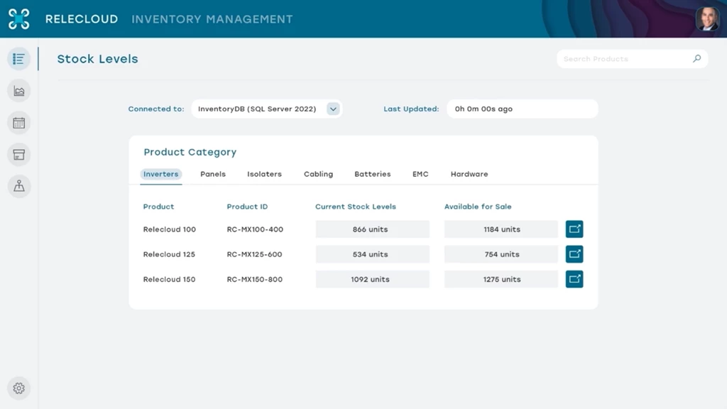 A screenshot of the Relecloud inventory management tool showing current stock levels of different products and how many of these products are available for sale.
