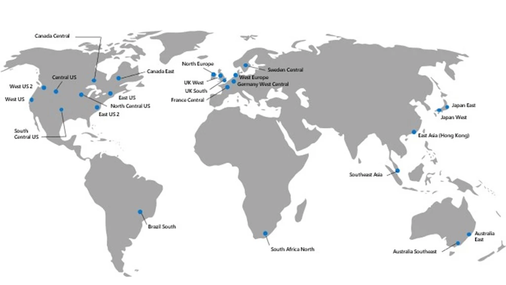 A world map showing Azure product region locations such as Central US, East US, North Europe and so on.