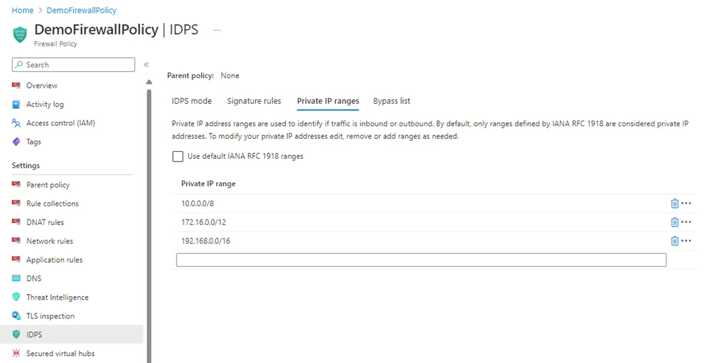 Portal experience for IDPS Private IP range capability for Azure Firewall.