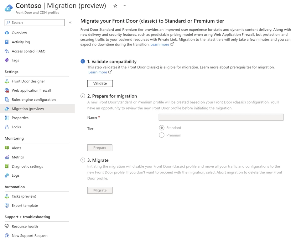 Screenshot of the form used to initiate migration from classic Front Door to a Front Door Standard or Premium profile.