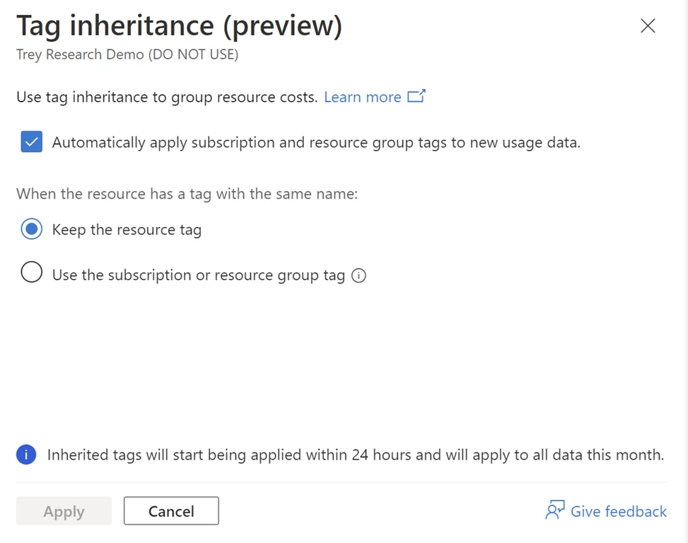 Screenshot showing the Automatically apply subscription and resource group tags to new data option.