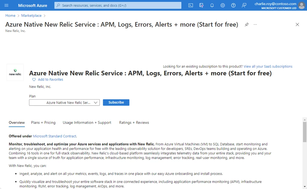 Screenshot showing the Azure Native New Relic Service offer on Azure marketplace. This page includes relevant tabs with information about the offer including Overview, Plans + Pricing, Support, and Rating + Reviews.