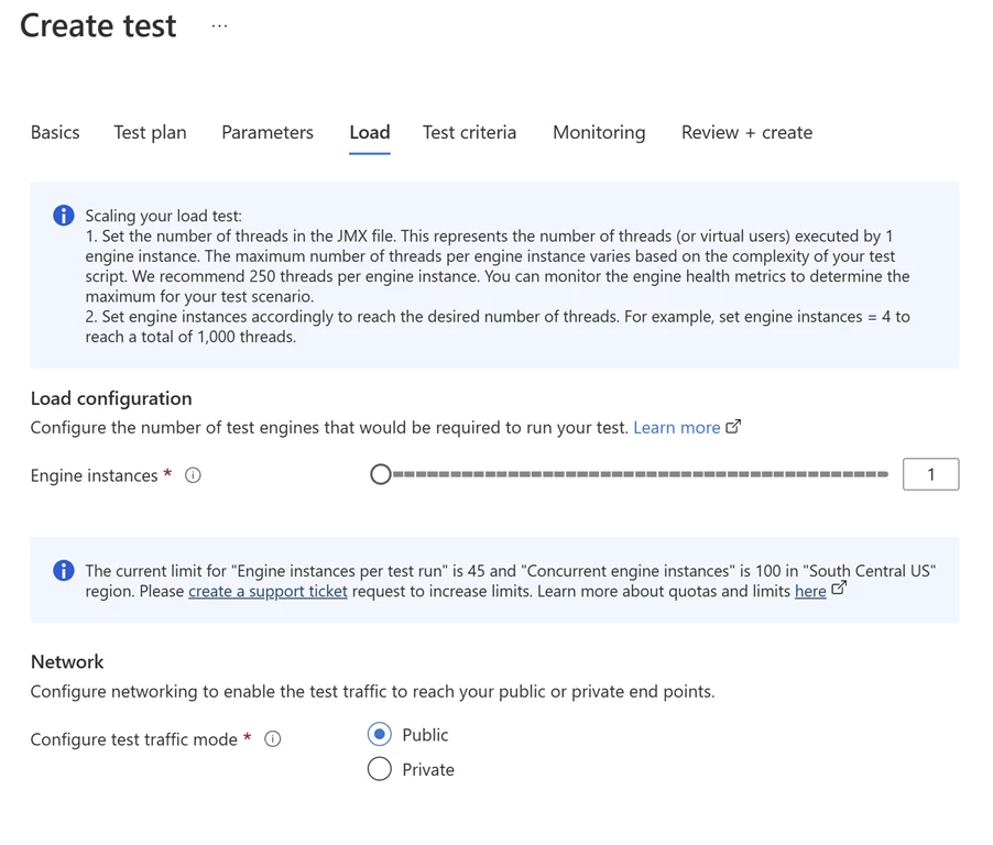 Image of Azure Load Testing service Create Test dialog and the Load tab which provides the ability to scale your load test with an easy slide bar to control the Engine instances.