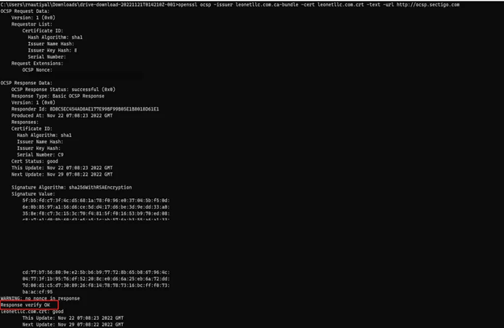 Screen shot of openssl command showing status of client certificate verification.