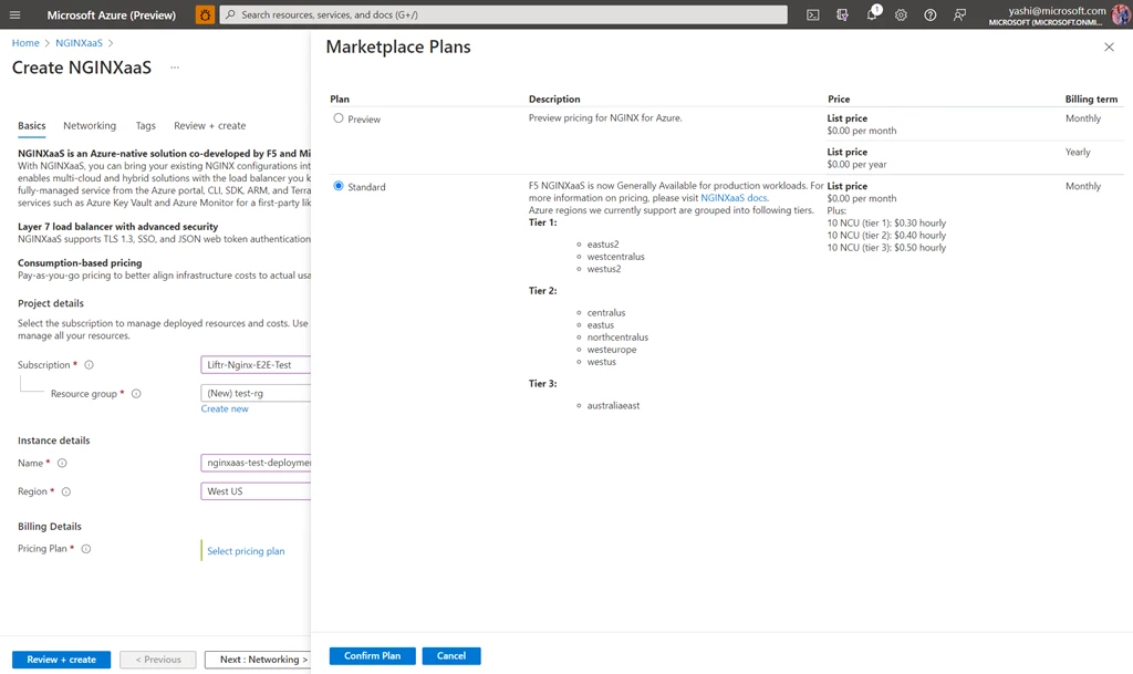 Screenshot highlighting the Basics tab in the Create NGINXaaS in Azure portal. Here the user can enter required details about the file including Subscription and resource group, instance details, billing details and scaling details for your NGINXaaS account.