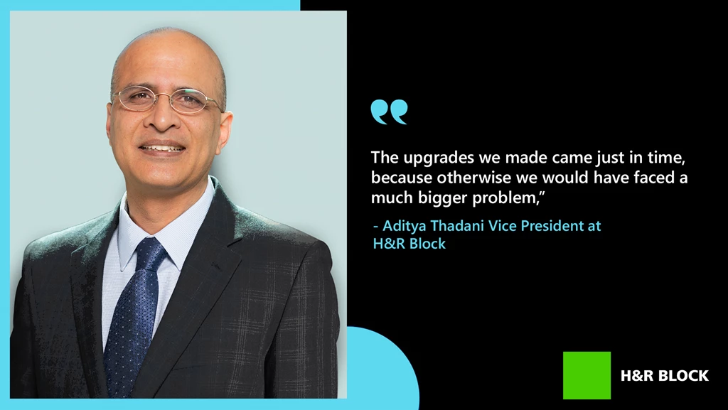 Aditya Thadani, Vice President at H&R Block, headshot photo accompanied by a pull quote that says 