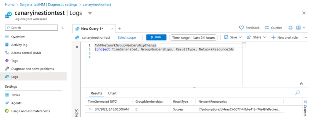 Screenshot of Log Analytics workspace in the Azure Portal. Logs blade is shown. Pre-defined query and results of network group membership change log data are displayed.