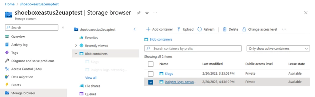 Screenshot of storage account in the Azure Portal. Storage browser blade is shown. Blob container generated for network group membership change log data is displayed.