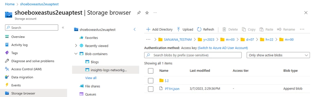 Screenshot of storage account in the Azure Portal. Storage browser blade is shown. Blob container is displayed with the file path for the network group membership change log data's JSON file.