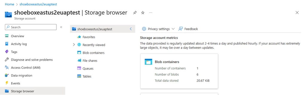 Screenshot of storage account in the Azure Portal. Storage browser blade is shown.