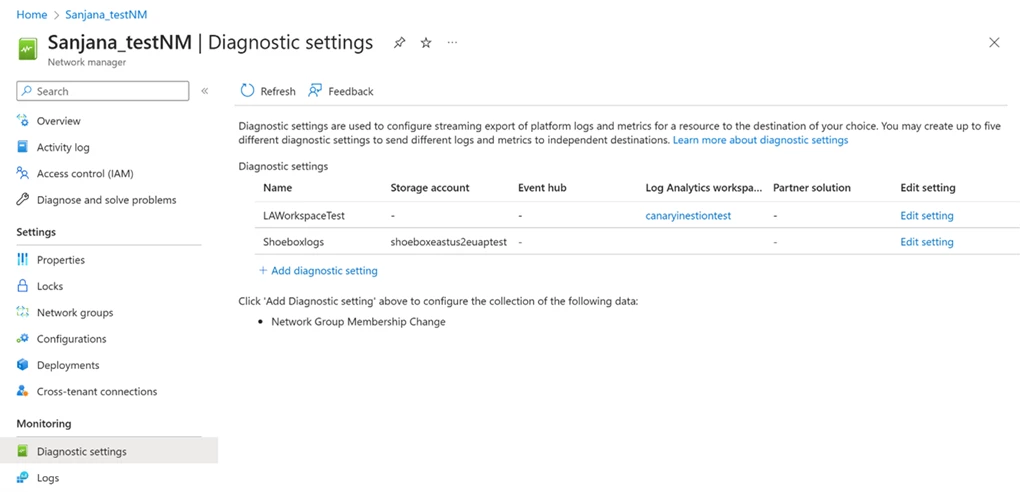 Screenshot of Azure Virtual Network Manager instance in the Azure Portal. Diagnostic settings blade is shown. Select "Add diagnostic setting" to configure the collection of network group membership change log data.