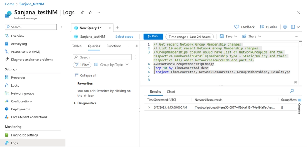 Screenshot of Azure Virtual Network Manager instance in the Azure Portal. Logs blade is shown. Pre-defined query and results of network group membership change log data are displayed.