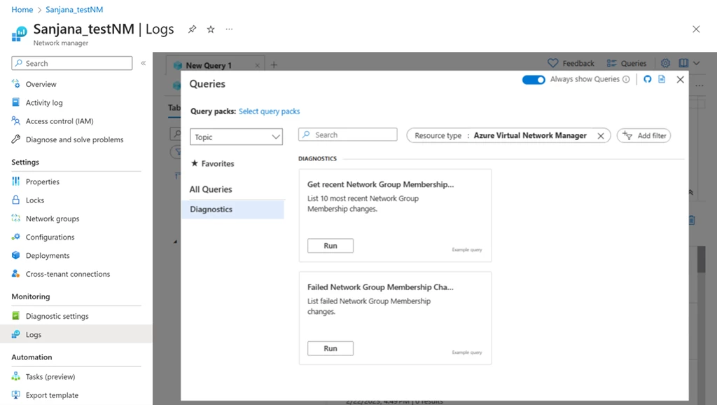 Screenshot of Azure Virtual Network Manager instance in the Azure Portal. Logs blade is shown. Pre-defined queries are displayed and can be selected to run on network group membership change log data.