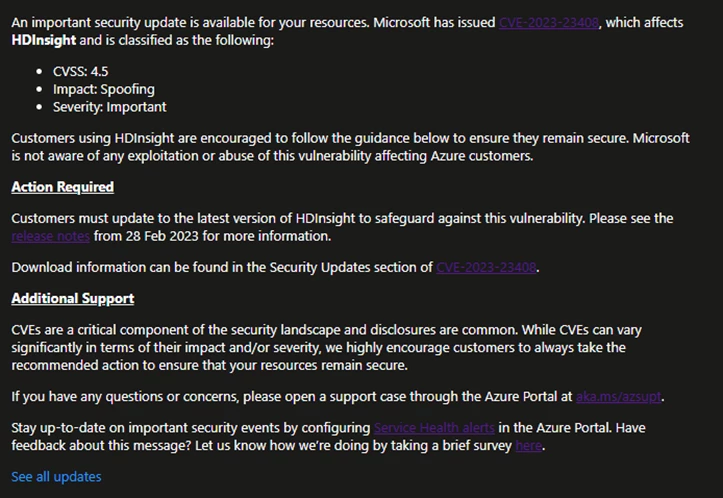 Azure Service Health message example describing Azure vulnerability