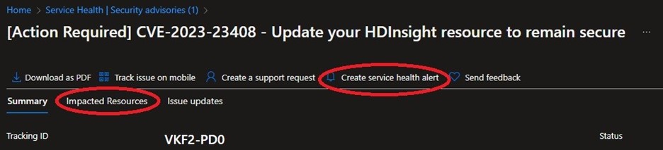 Azure Service Health menu options highlighting the ability to open a support case or create a Service Health alert