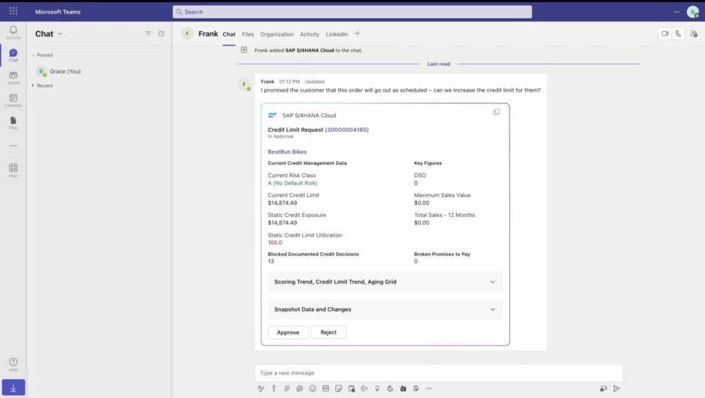 Screenshot of Adaptive card-based Loop component in Microsoft Teams displaying information from an SAP S/4HANA System asking the user to approve a Credit Limit Request