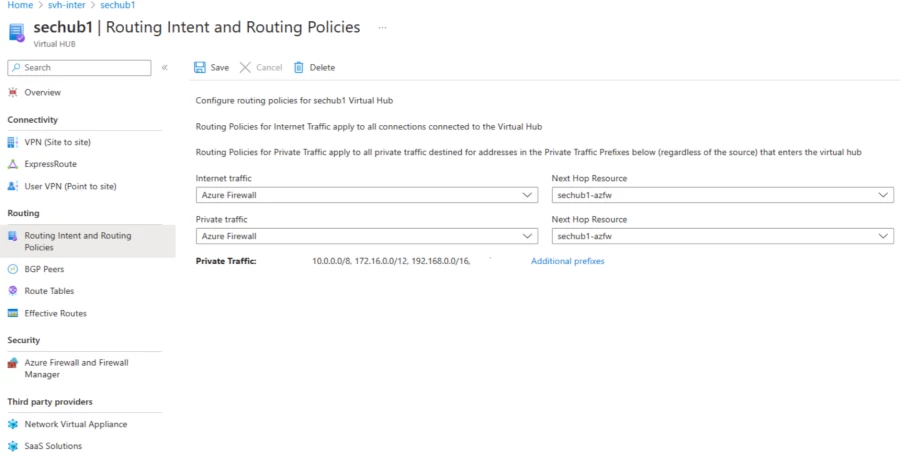 This image is a screenshot of the user experience of configuring routing intent and policies through Virtual WAN Portal. The hub is configured to send Internet and Private traffic via Azure Firewall.