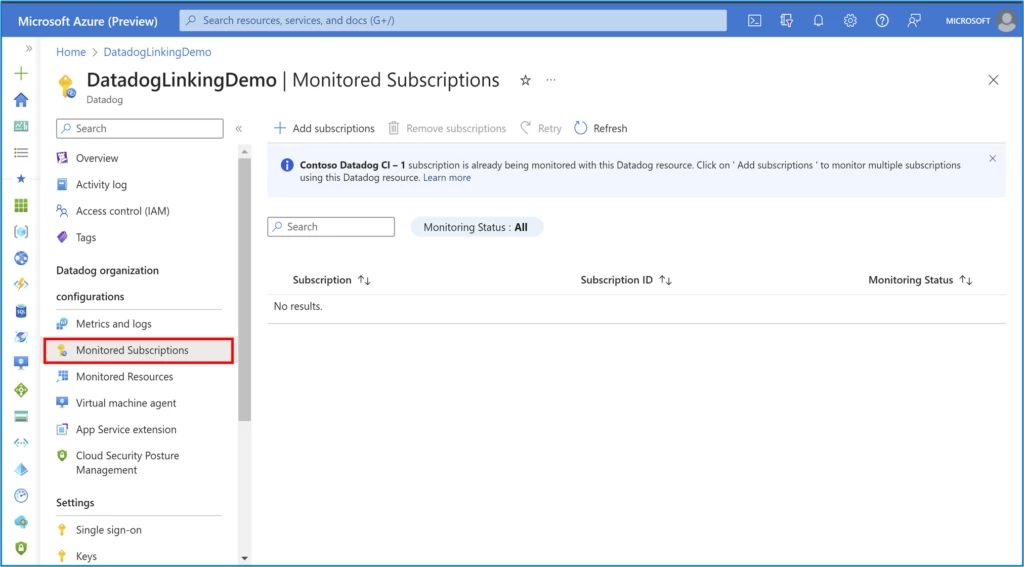 Screenshot depicting the Monitored Subscriptions blade in the Datadog organization configurations section