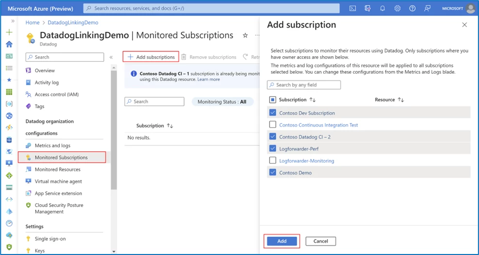 Screenshot depicting the Add Subscriptions window to select subscriptions to start monitoring with the Datadog resource