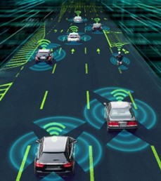 Illustration of multiple cars on freeway with radar sensors. 