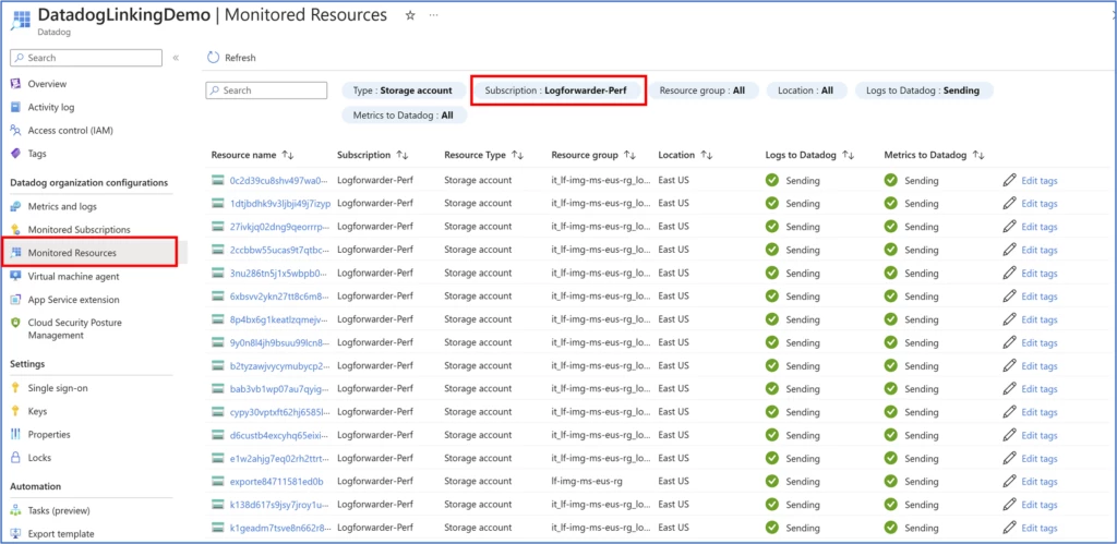 Screenshot depicting the list of monitored resources across subscriptions that have been linked to the same Datadog organization. Also shown is the new filter to view monitored resources for specific subscriptions.