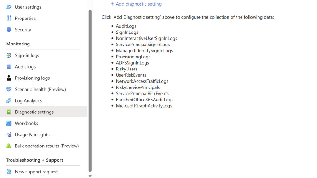 The image shows the diagnostic settings in Azure Active Directory. Add the Dynatrace resource as a destination by clicking on ‘Add diagnostic setting’ option. 