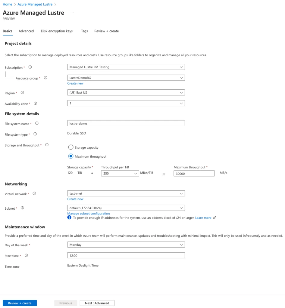 Screen shot of Azure Managed Lustre preview registration page.