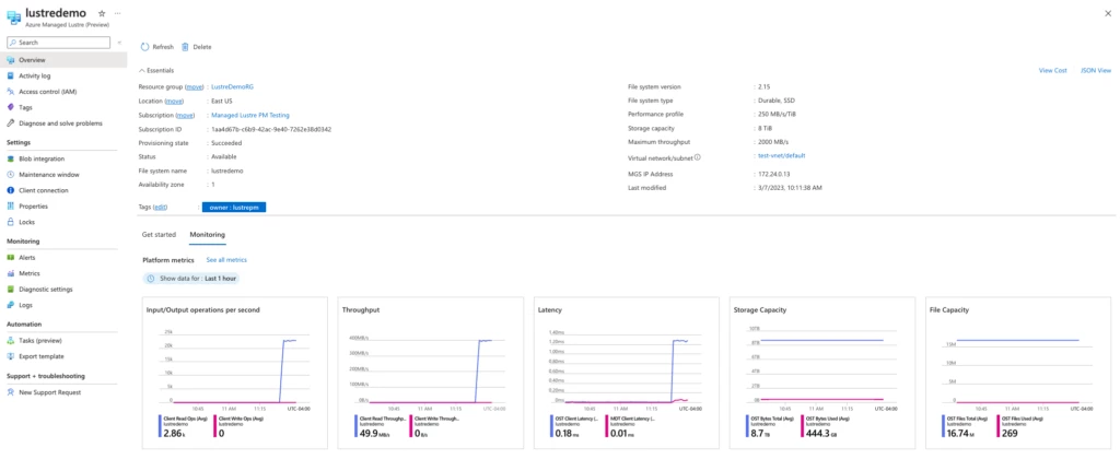 Screen shot of Azure Amanged Lustre in a demo state, showing performance mentrics.