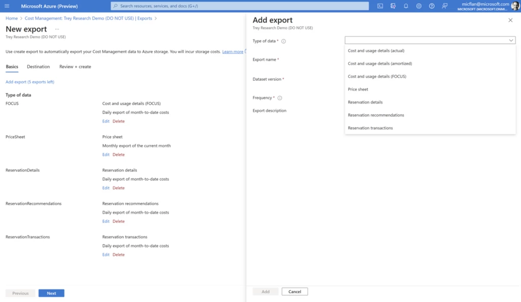 Screenshot of the Cost Management exports configuration screen with 5 datasets included