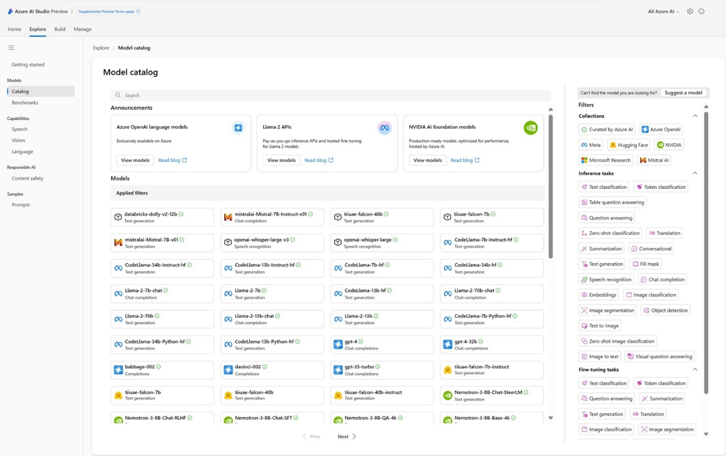 Model catalog in Azure AI Studio Preview