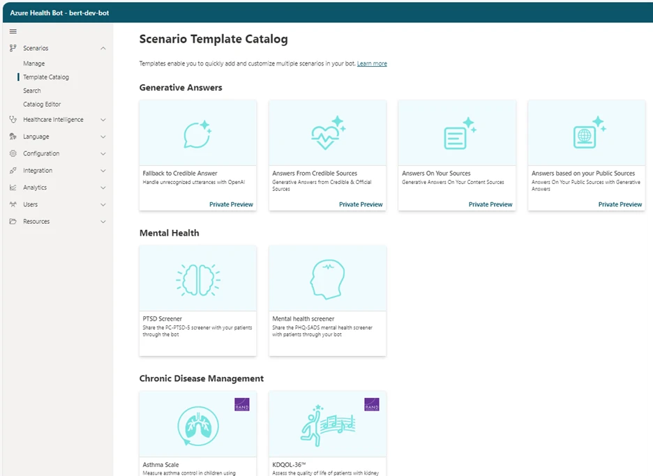 Scenario template catalog that contains templates to help organizations easily add and customize different scenarios in their bot. 